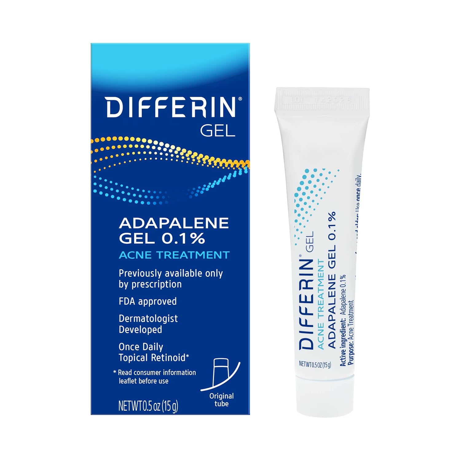 Differin Acne Retinoid Treatment Gel, 0.1% Adapalene, 15g Tube | Over-The-Counter Retinoid, Clears Acne And Prevents Breakouts, Gentle For Sensitive Skin, 30-Day Supply, 15G Tube