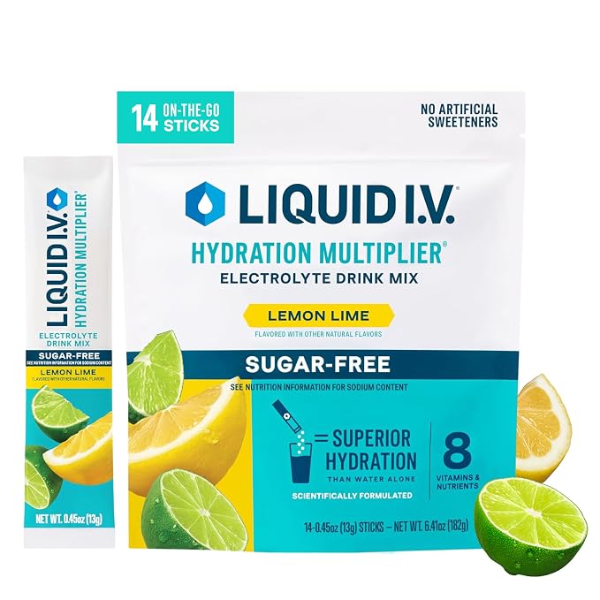 Liquid I.V. Sugar Free Hydration Electrolytes, Lemon Lime, 14 Count | Scientifically Formulated | Clinically Proven Hydration | Zero Sugar | No Artificial Sweeteners | Non-GMO | Powder Drink Mix