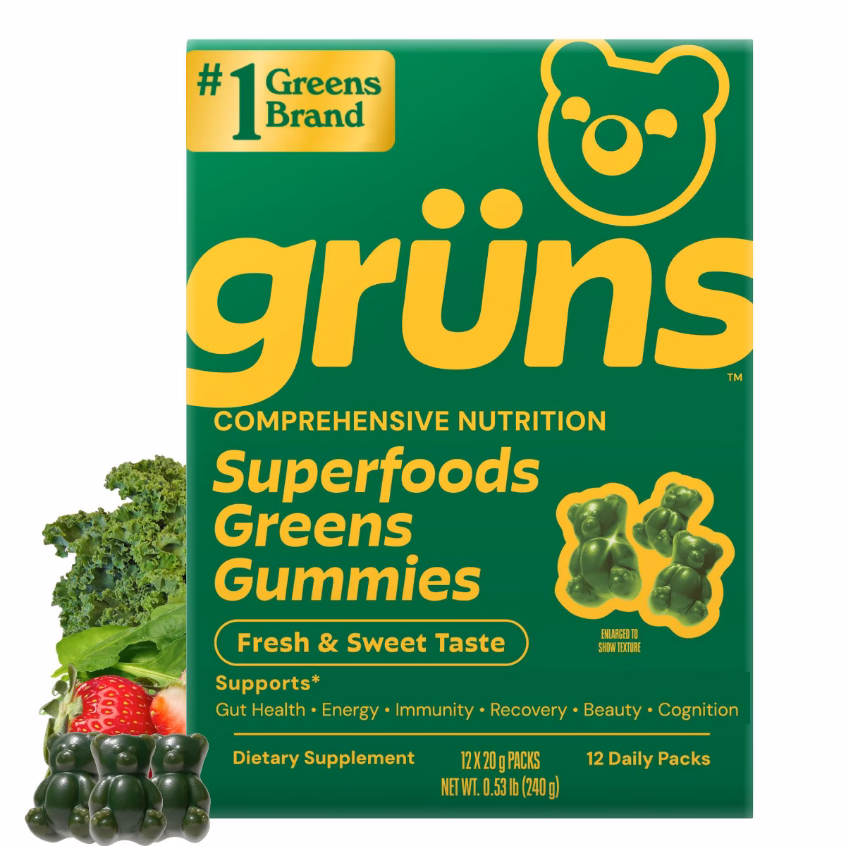 Grüns Adult Low Sugar Superfoods Greens Gummies with Prebiotic Fiber - 240g/12 Servings