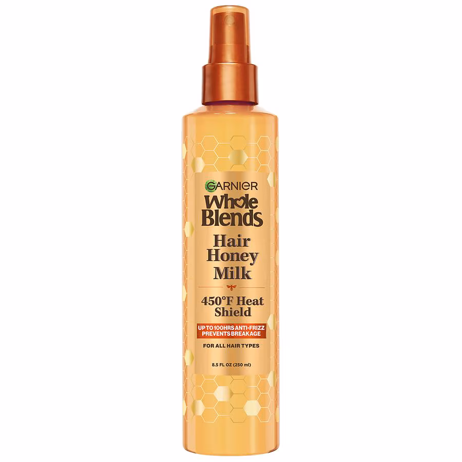 Garnier Whole Blends Hair Honey Milk 450F Heat Shield Spray, Up To 100Hrs Anti-Frizz, 8.5 fl oz