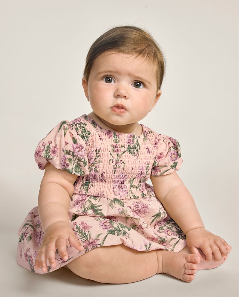 Baby Short Puff Sleeve Girls Floral Smocked Bubble Dress - Countryside Manor