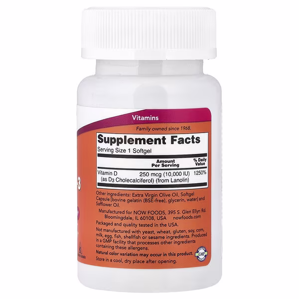 NOW Foods, Vitamin D-3, High Potency , 10,000 IU, 120 Softgels