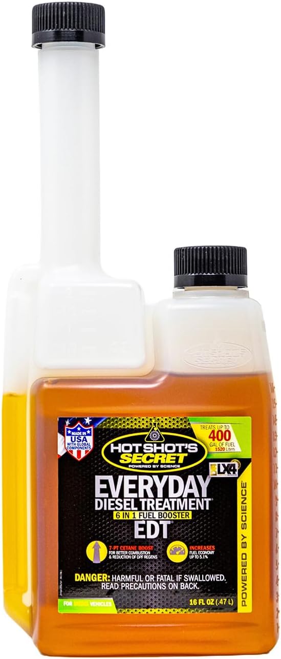 Hot Shot's Secret Everyday Diesel Treatment EDT, 16 oz | Treats 400 gallons. Cleans fuel systems and injectors while boosting cetane.