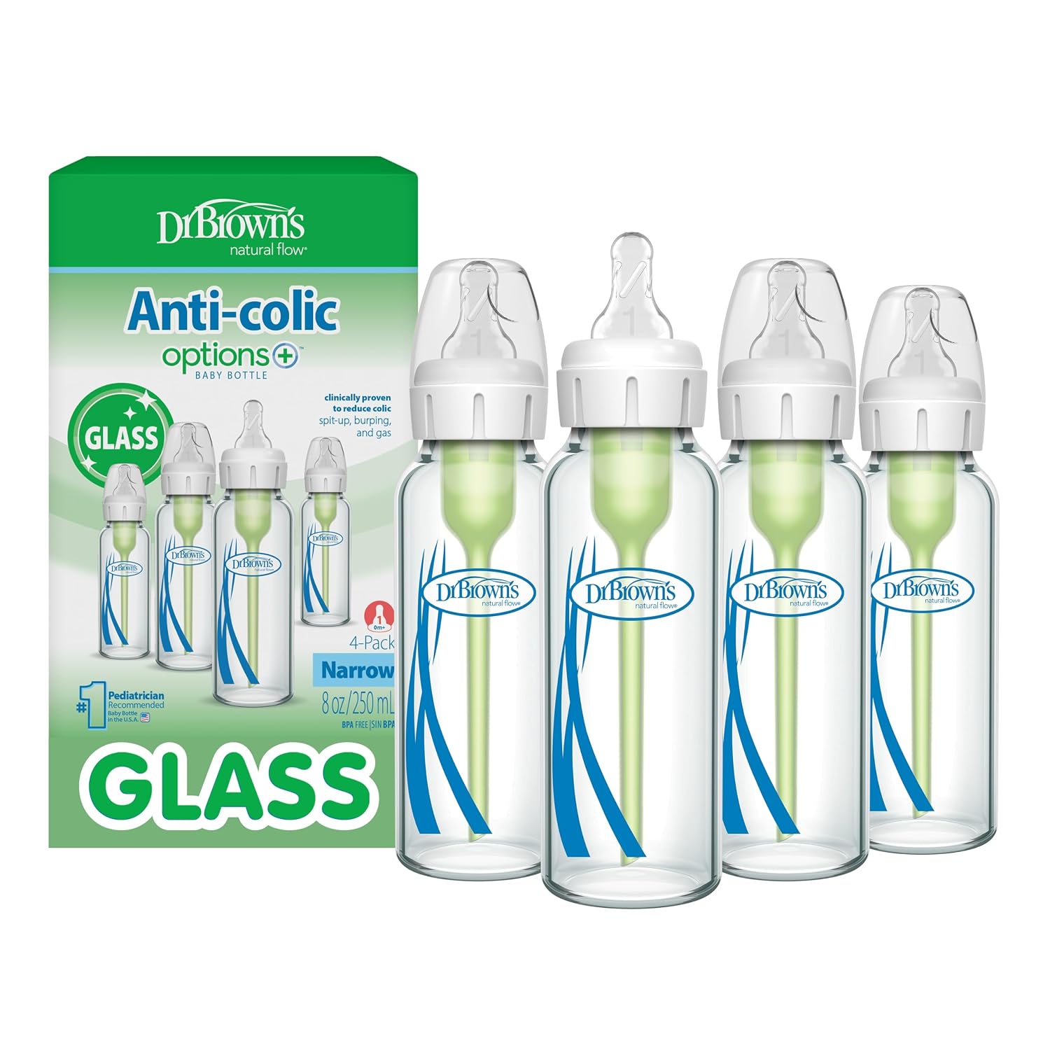 Dr. Brown's Anti-Colic Options+ Narrow Glass Baby Bottle, 8 oz/250 mL, with Level 1 Slow Flow Nipple, BPA-Free, 0m+, 4 Pack