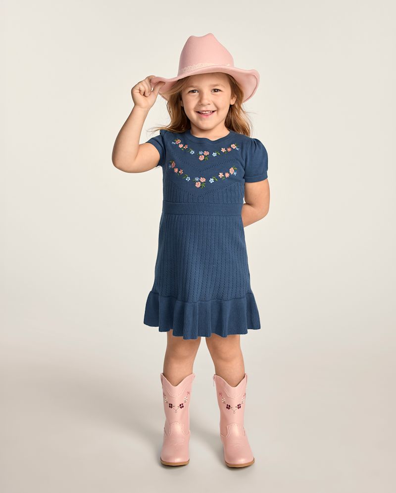 Girls Embroidered Floral Peplum Sweater Dress - Blue Sky Mountain