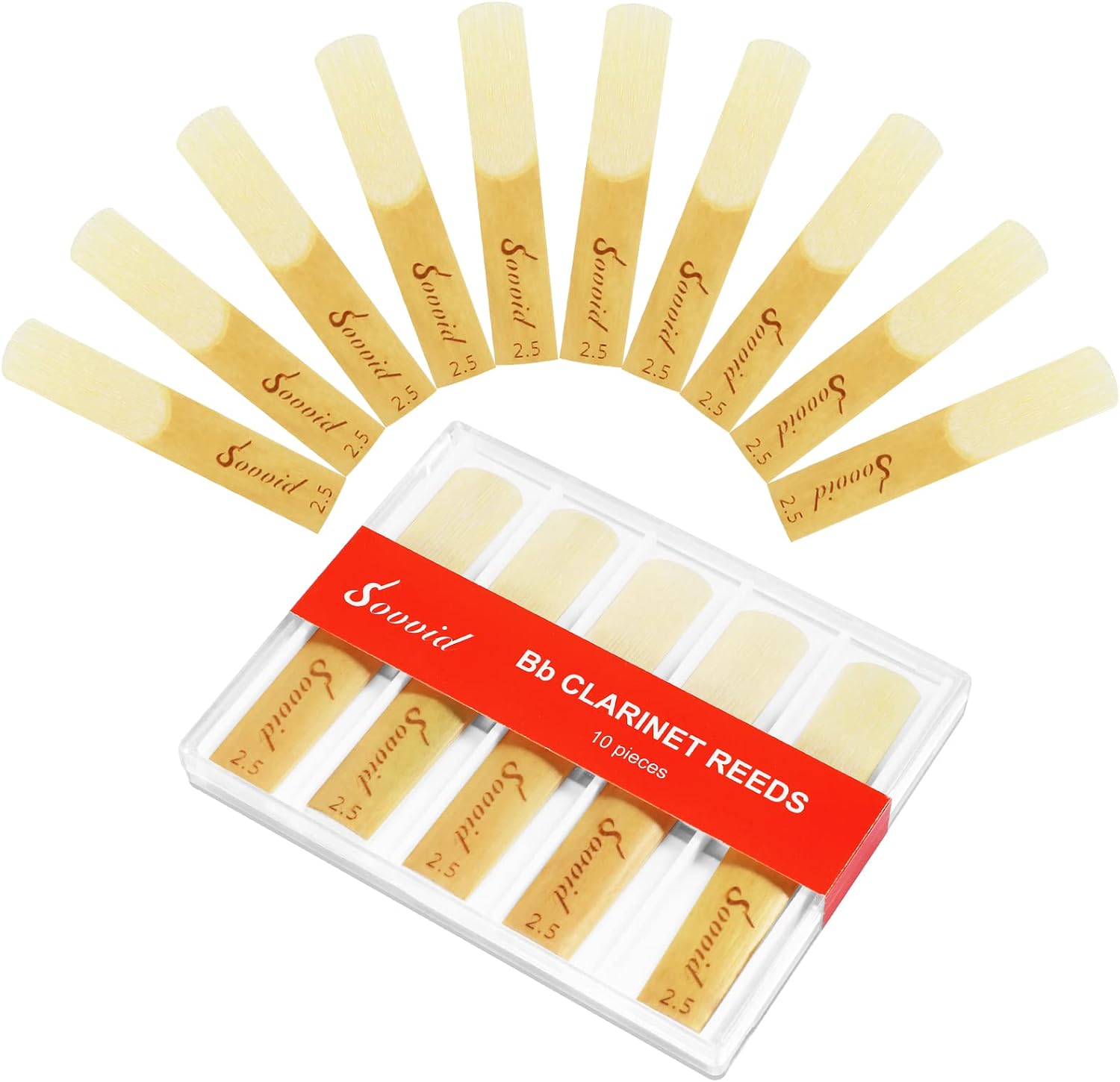 Sovvid 10 Pack Bb Clarinet Reeds with Plastic Box, Strength 2.5 Reeds for Clarinet, Thinner Reed Tip & Unfiled Cut for Easy of Play, Traditional Reeds for Clarinet Beginner and Player