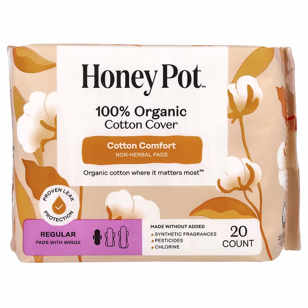 The Honey Pot Company, 100% Organic Cotton Cover, Non-Herbal Pads with Wings, Regular, 20 Count