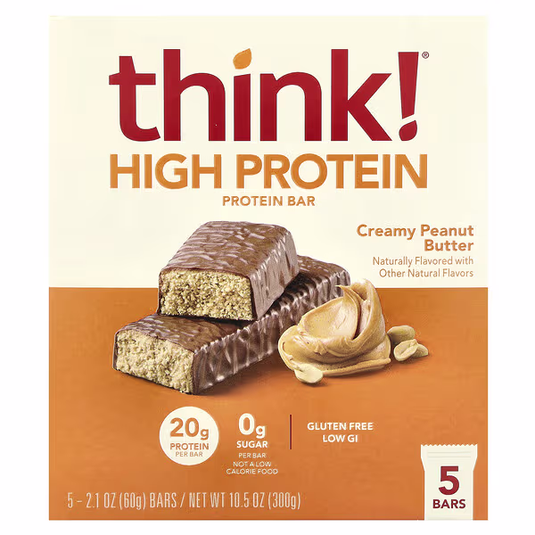 Think !, High Protein Bars, Creamy Peanut Butter, 5 Bars, 2.1 oz (60 g) Each