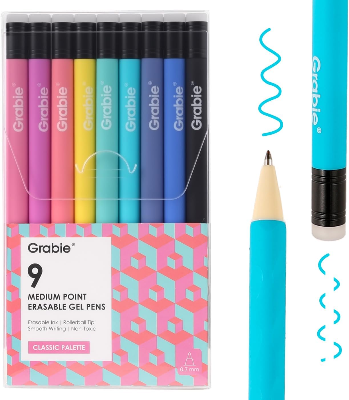 Grabie Erasable Gel Pens, 9 Medium Point 0.7 mm Pens, Classic | Heat-Sensitive Erasable Ink, Clean Erasing, Smooth Writing, Vibrant Assorted Colors, Twist-up Design, Drawing, Journaling