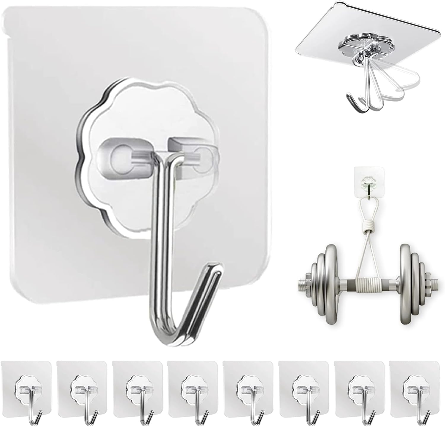 DDMY Adhesive Wall Hooks Clear 50lb(Max) Heavy Duty Hanging Sticky-10 Pack