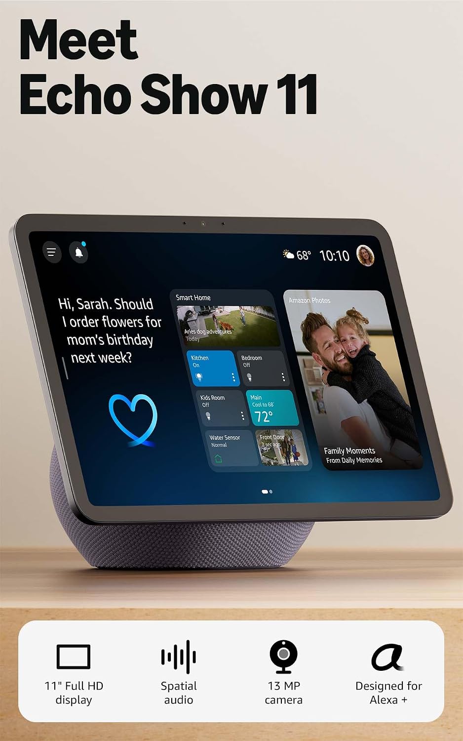 Amazon Echo Show 11 (newest model), Vibrant Full-HD 11" display with more viewing area and spatial audio, Designed for Alexa+, Graphite