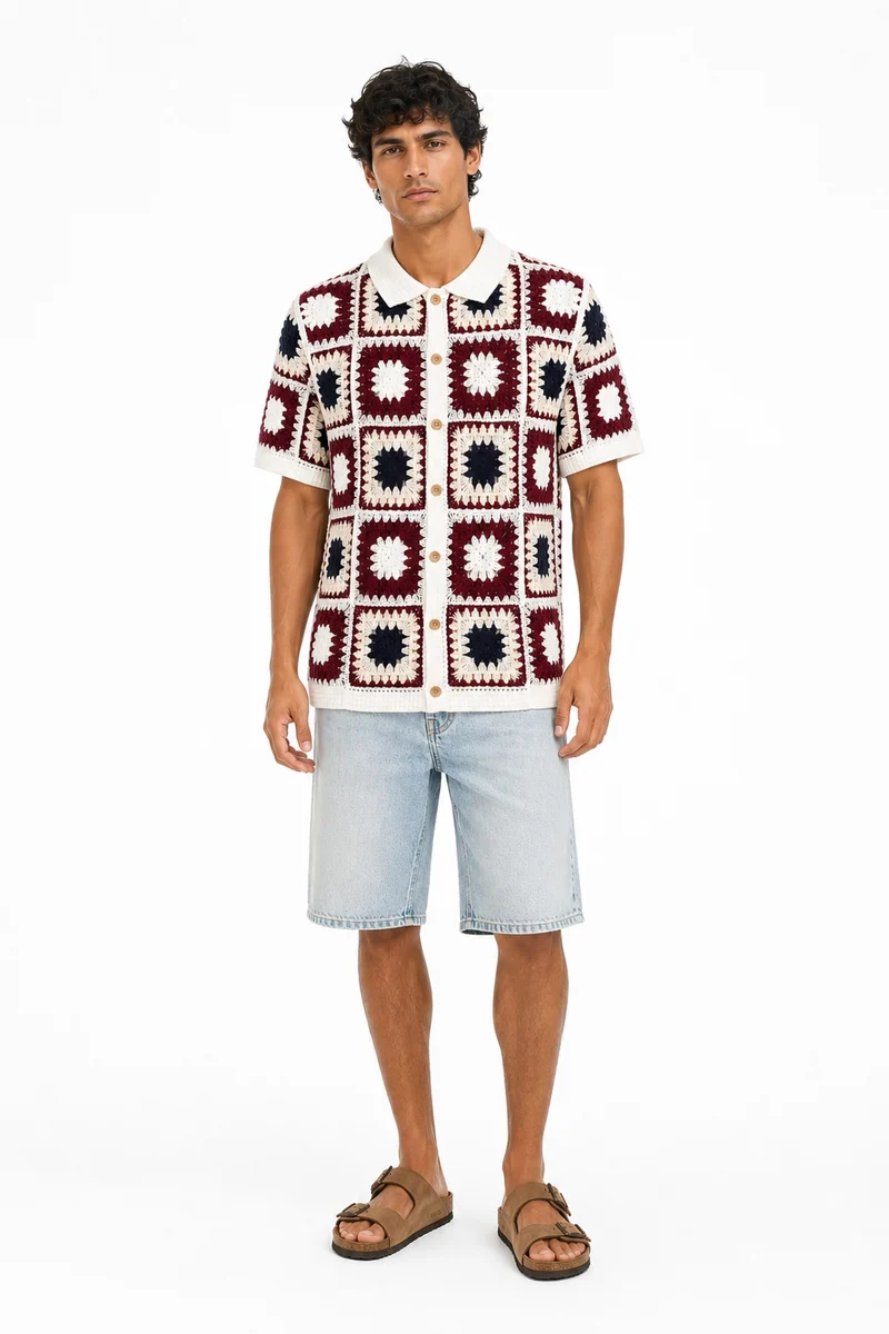 Crochet Short Sleeve Button Down Shirt
