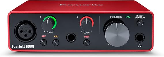 Focusrite Scarlett Solo 3rd Gen USB-C Audio Interface | 1 XLR Mic Preamp, 1 Hi-Z Instrument Input, 24-Bit/192kHz, 56dB Gain Range, Air Mode, macOS/Windows/iPadOS Compatible