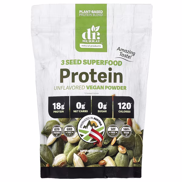 Dr. Murray's, 3 Seed Superfood Protein Vegan Powder, Unflavored, 16 oz (435.5 g)