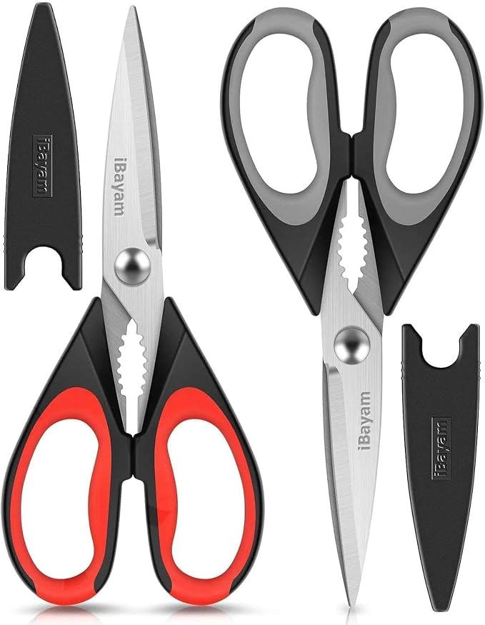 iBayam Kitchen Scissors Shears All Purpose Heavy Duty, Protective Sheath | 2-Pack, Ultra-Sharp Stainless Blades, Soft Comfort-Grip, Dishwasher Safe, Cooking Tool & Gadget Sets Poultry Kitchen Utensils