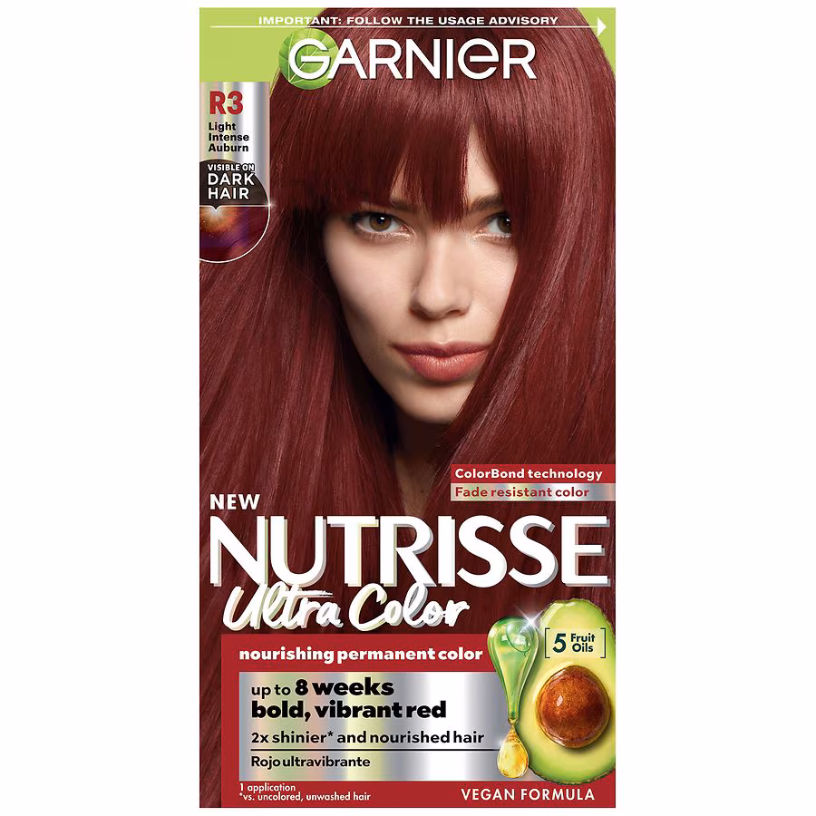 Garnier Nutrisse Ultra Color Nourishing Bold Permanent Hair Color Creme, R3 Light Intense Auburn
