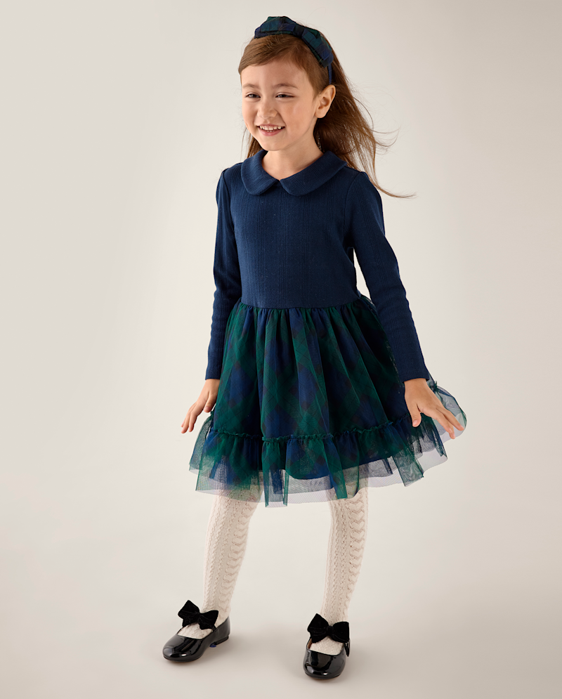 Girls Long Sleeve Plaid Pointelle Tutu Dress - Tartan Remix
