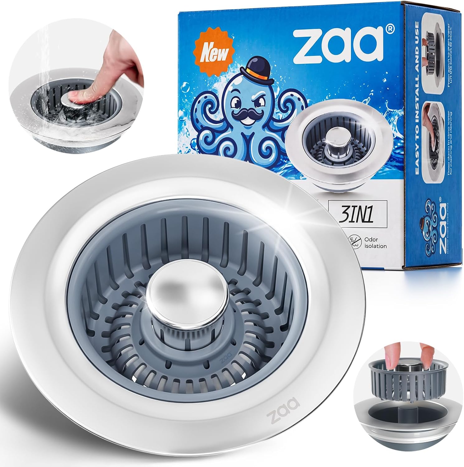 zaa 3-in-1 Kitchen Sink Drain Strainer Stopper, Stainless Steel, Anti-Clog
