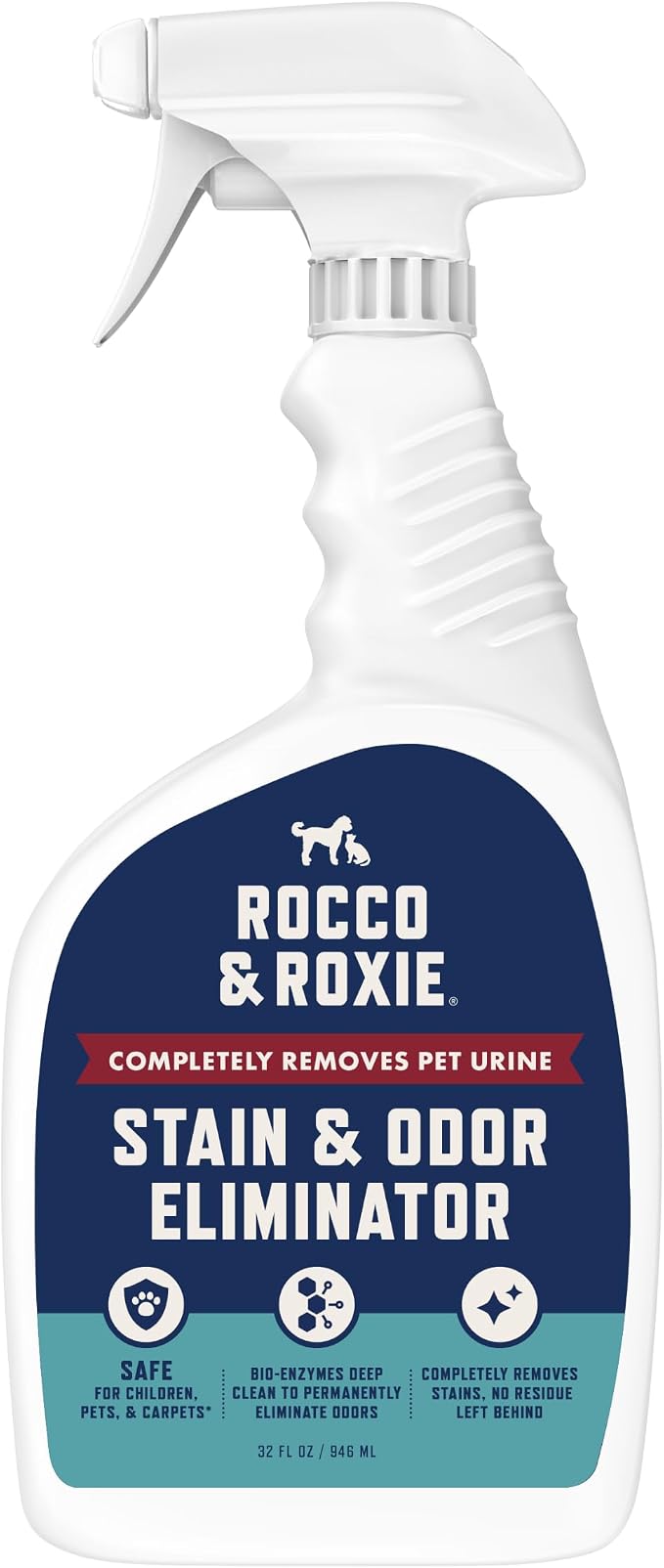 Rocco & Roxie Enzyme Stain & Odor Eliminator, 32 Fl Oz | Bio-enzymatic urine destroyer; CRI Certified Safe; made in USA; for carpets, bedding, litter boxes, crates & cars