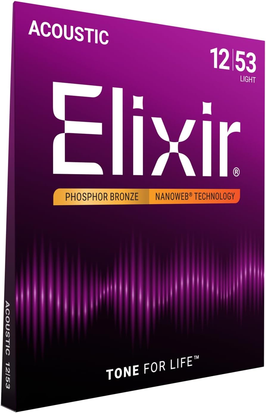 Elixir, Acoustic Guitar Strings, Phosphor Bronze, NANOWEB, 6-String, 12-53 | Light 12-53, Phosphor Bronze with NANOWEB Technology, Longest-Lasting Rich and Full Tone For Life with Comfortable Feel