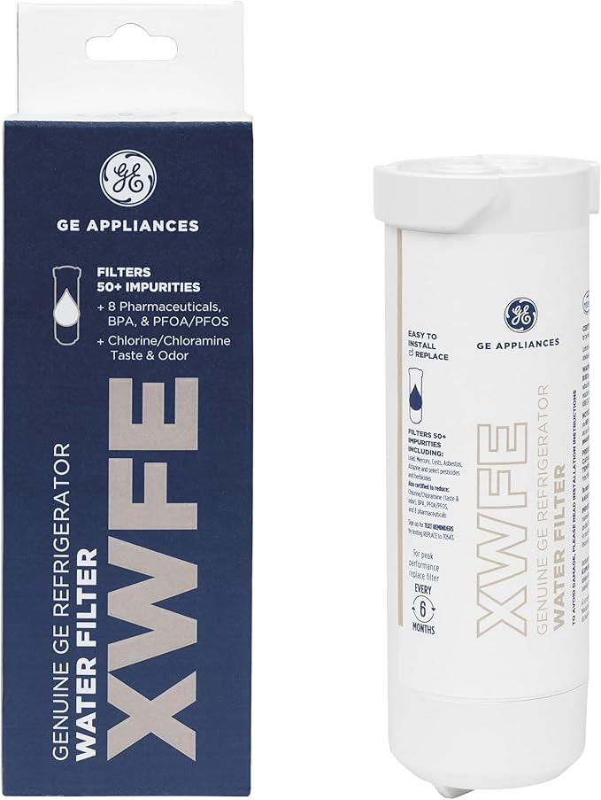 GE XWFE™ Refrigerator Water Filter, Genuine Filter, Guaranteed Fit, 1-pack | Reduces 70+ Impurities including Lead, Microplastics, & PFOA/PFOS, Certified to NSF/ANSI Standards 42, 53, 372, 401