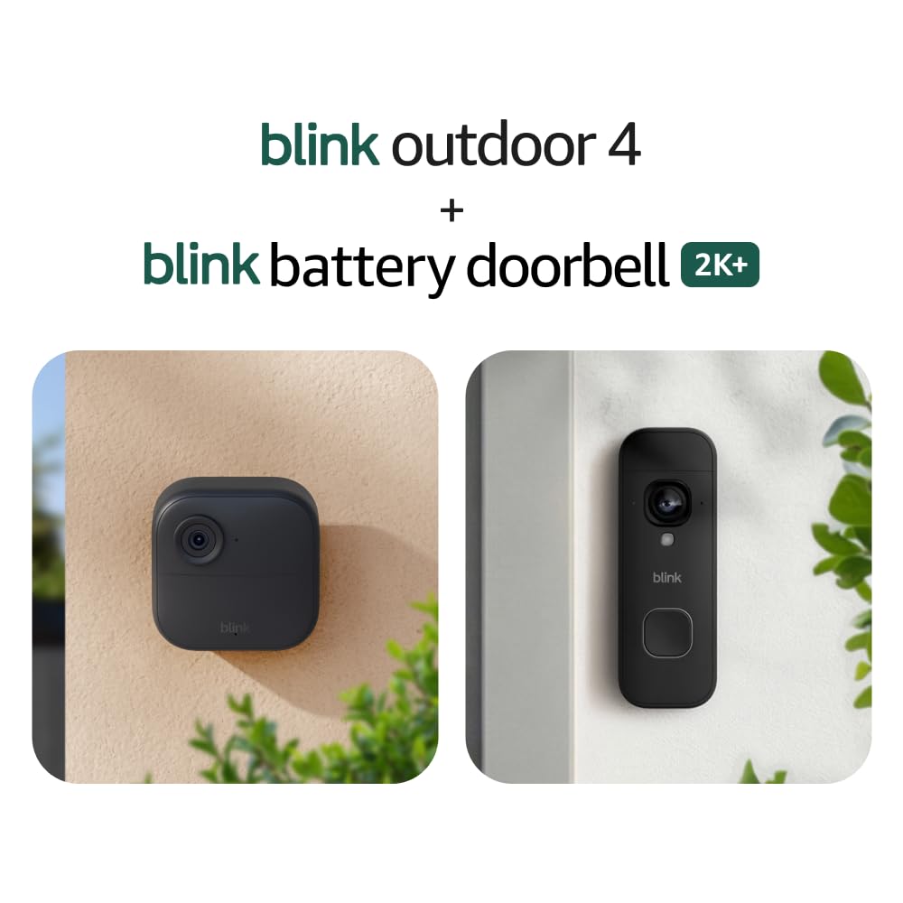 Blink Outdoor 4 and Battery Doorbell 2K+ (newest model) — Two-year battery 1080p cameras and 2K battery doorbell. Sync Module Core included — 2 Cameras + Doorbell (Black)
