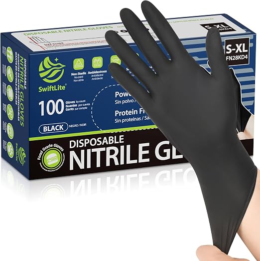 SWIFTLITE Black Nitrile Gloves Disposable Latex Free, Food Safe | Rubber Gloves Powder Free for Cooking, Food Prep, Kitchen Cleaning