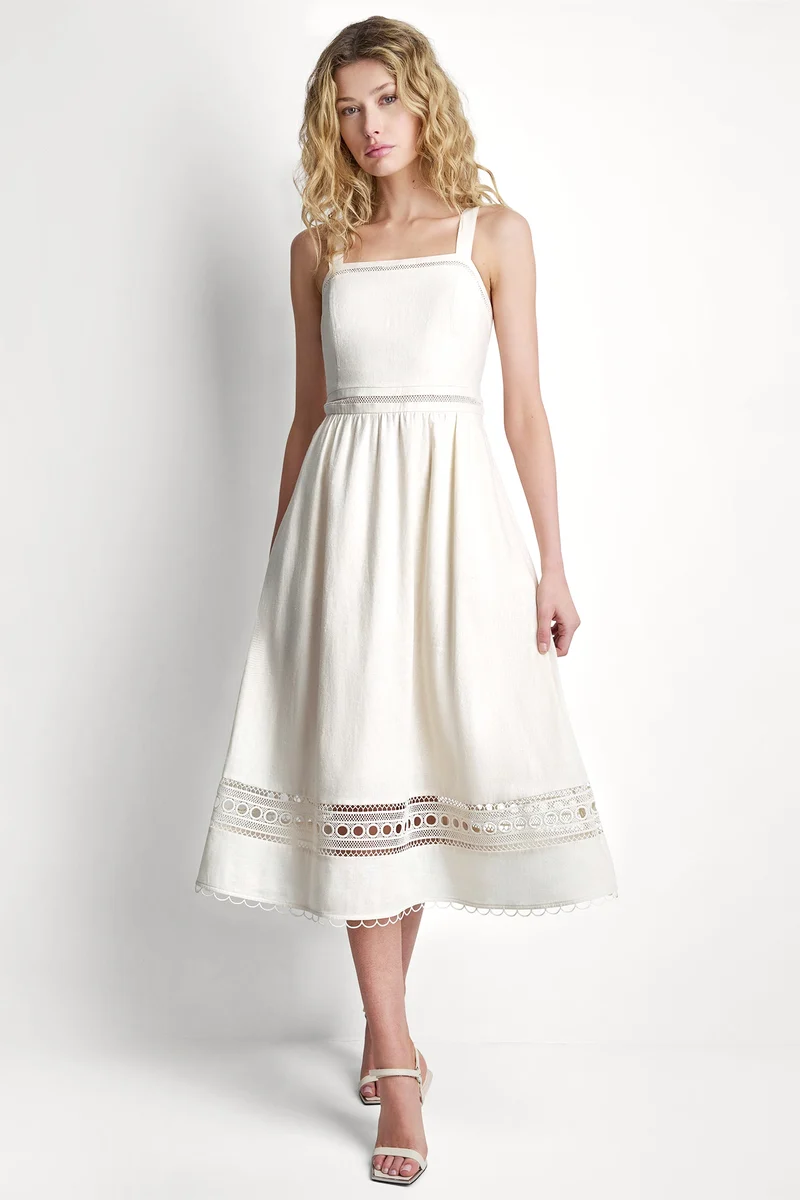 LINEN-BLEND LACE-TRIMMED MIDI DRESS