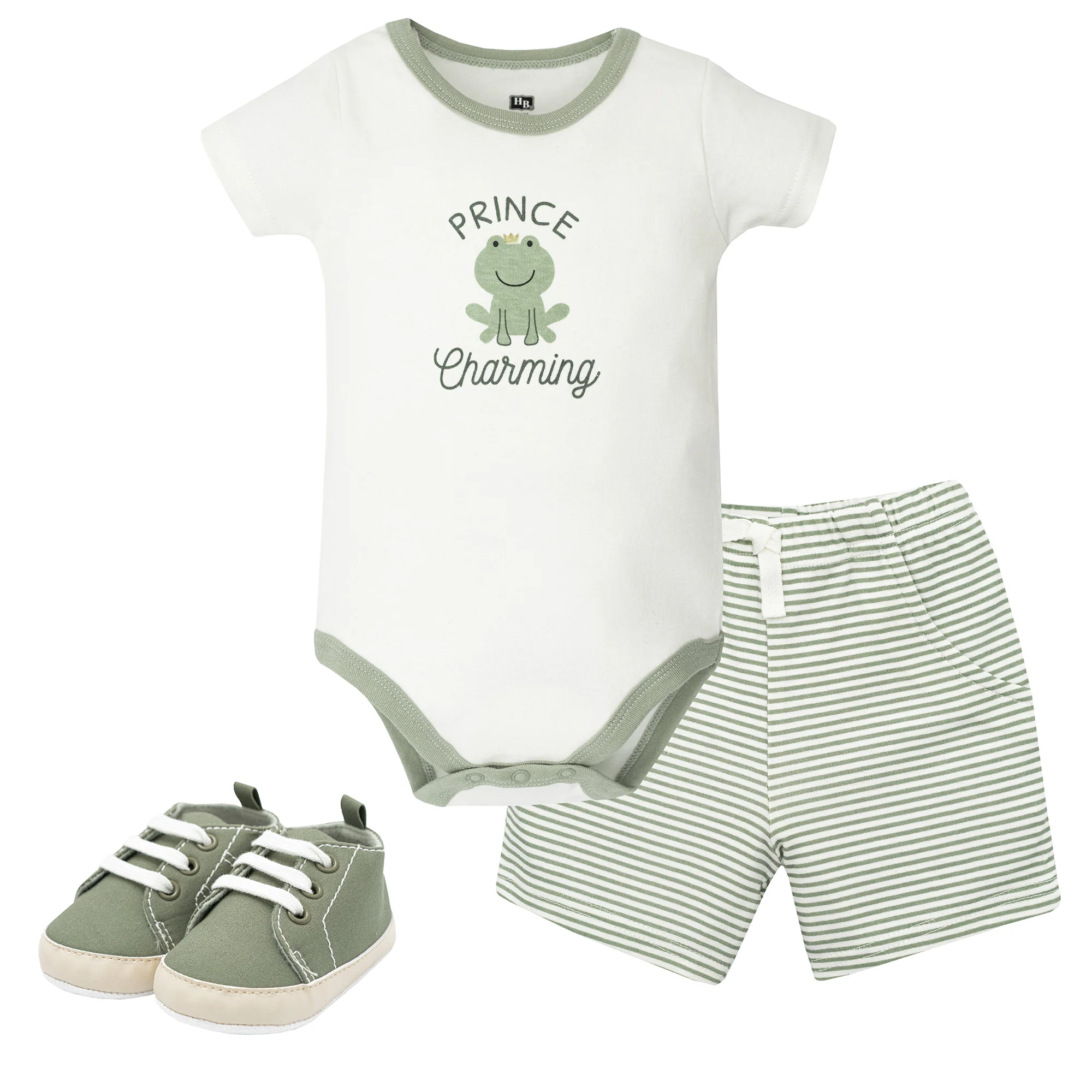 Hudson Baby Cotton Bodysuit, Shorts and Shoe Set, Prince Frog