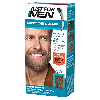 JUST FOR MEN Mustache & Beard Dye, Keratin, Medium Brown M-35 (1 Pack) | Mustache & Beard color medium brown designed for facial hair to instantly eliminate gray. Enhanced with keratin & biotin.