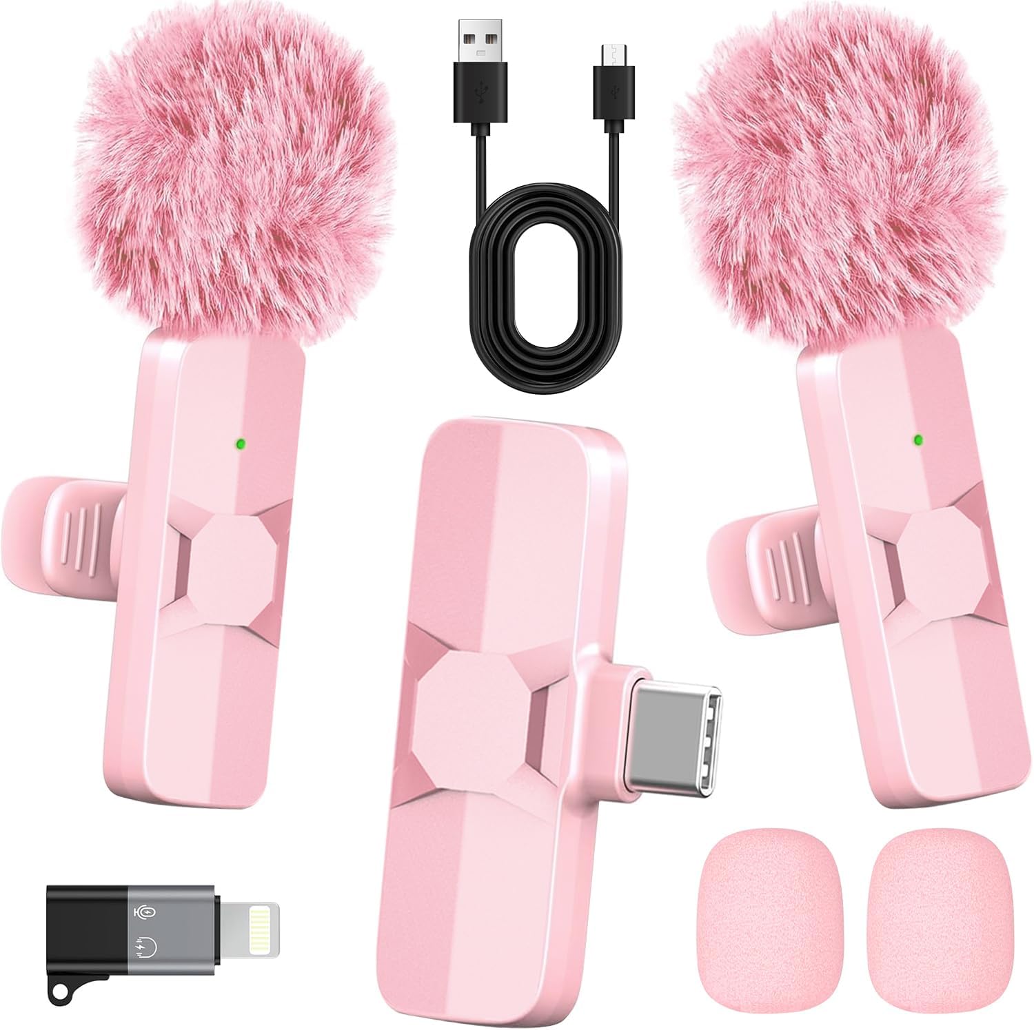 Pink Wireless Lavalier Microphone for iPhone & Android - Mini Clip-On Mic with Noise Cancellation, 65ft Range, 8H Battery, USB-C/Lightning - for TikTok, YouTube, Podcast, Live Streaming