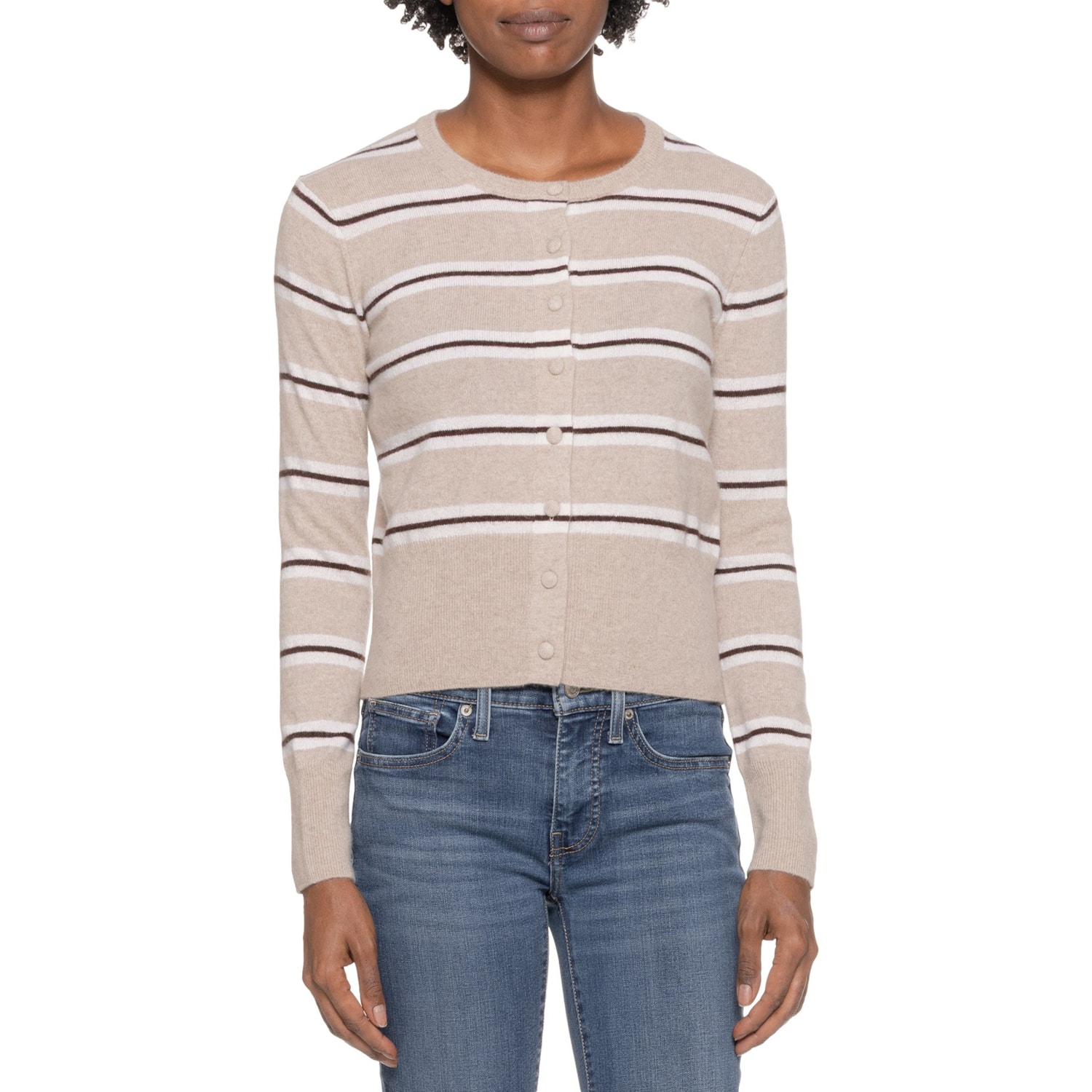 WILT Striped Crew Neck Cardigan Sweater - Cashmere