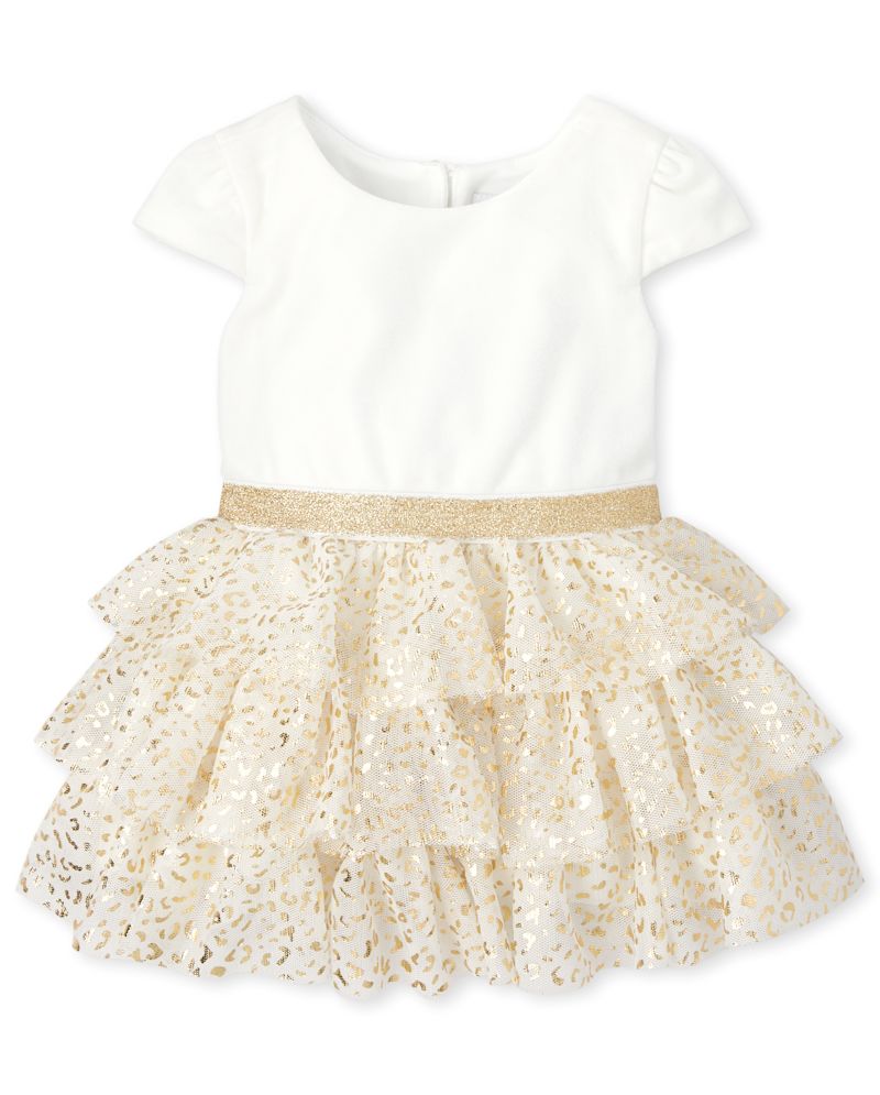 Baby Girls Christmas Short Sleeve Foil Leopard Print Velour Knit To Woven Dress