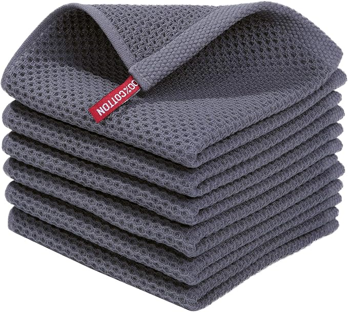 Limited-time deal: Homaxy 100% Cotton Waffle Weave Kitchen Dish Cloths 6-Pack, Dark Grey | 12 x 12 Inches, Ultra Soft Absorbent Dish Towels, Quick Drying Dish Rags with Hanging Loop