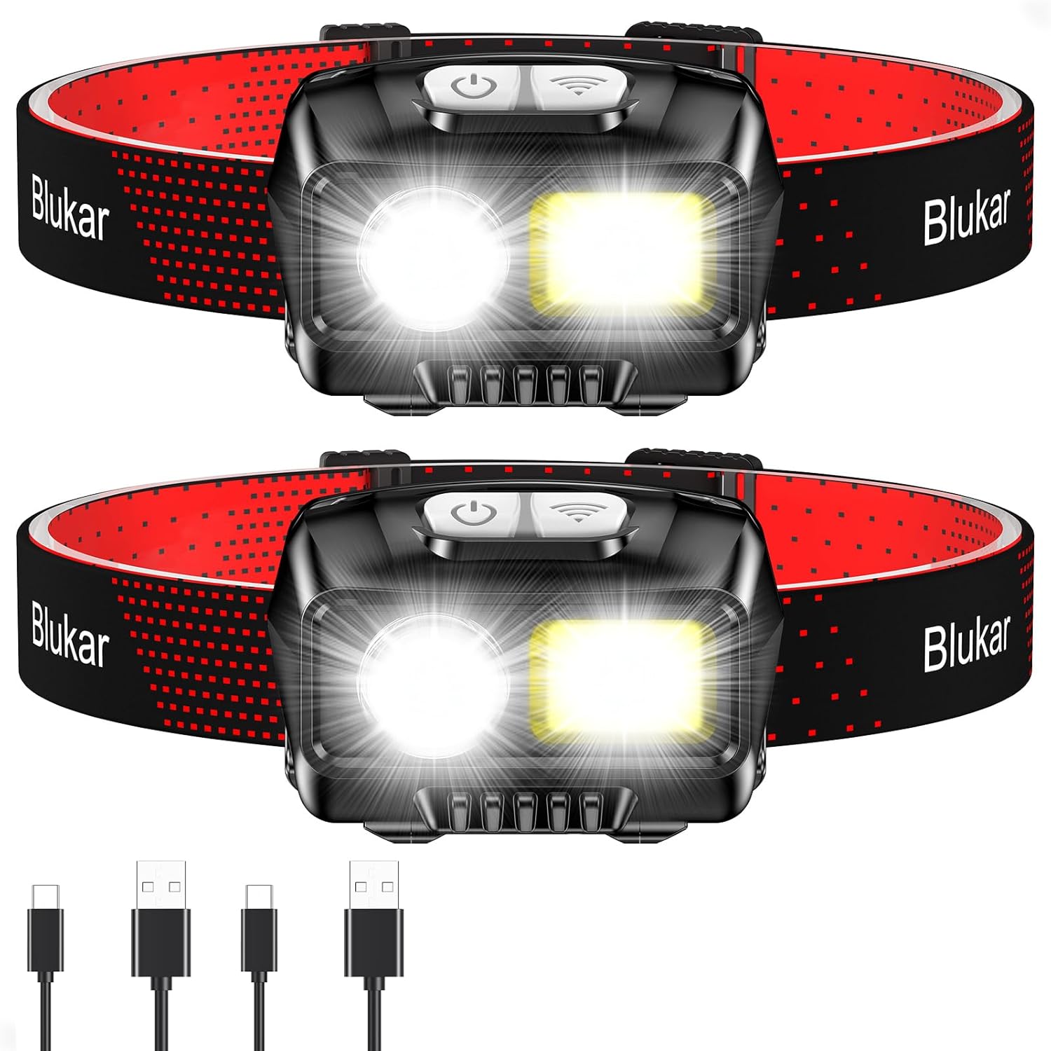 Blukar LED Headlamp Rechargeable, 2000L Super Bright Headlight Flashlight | 8 Modes & Stepless Dimming, Spotlight & Floodlight, Motion Sensor, IPX5 Waterproof for Camping,Hiking,Running,Fishing -2 Pack