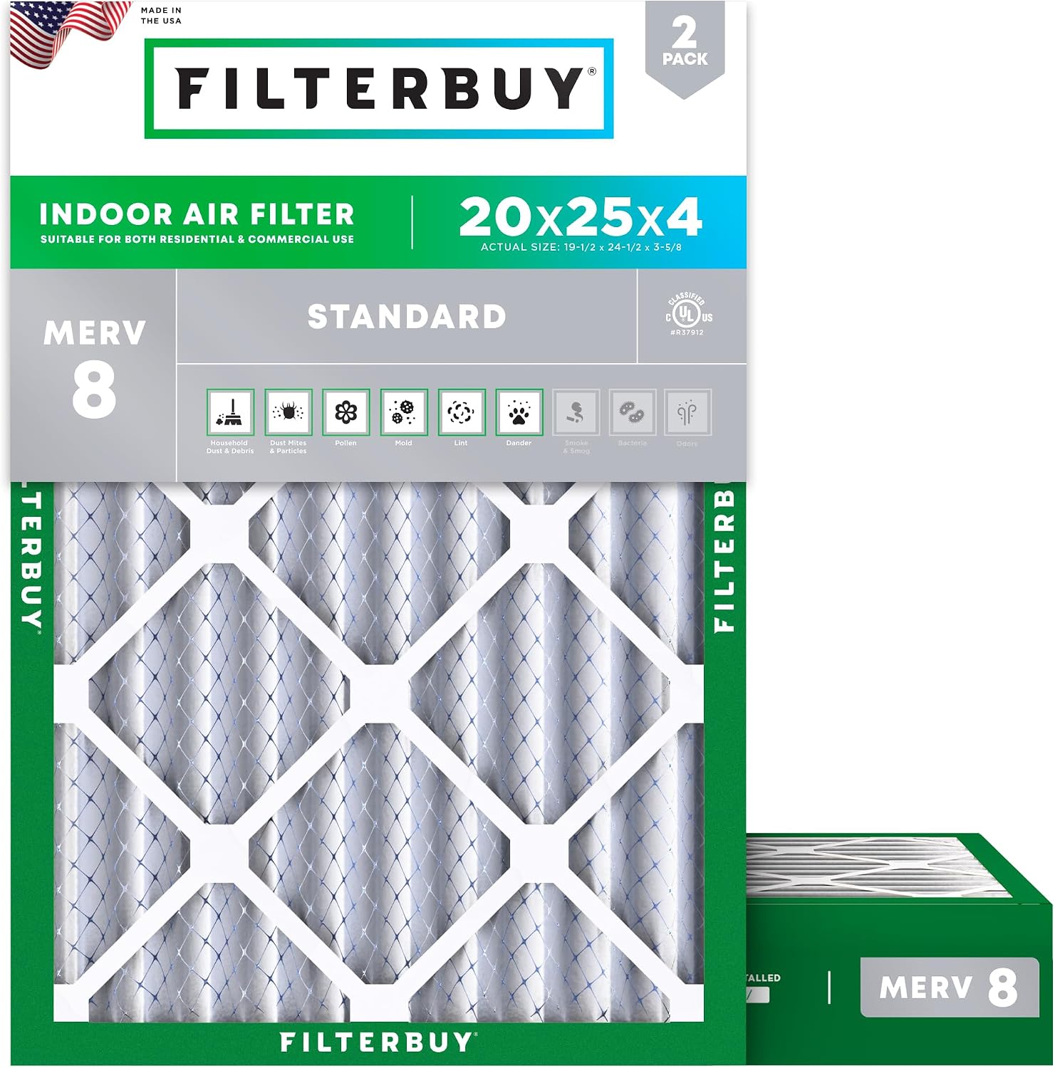 Filterbuy 20x25x4 Air Filter MERV 8 Dust & Allergy Defense (2-Pack) | Electrostatic Pleated HVAC AC Furnace Filters Replacement, Made in USA (Actual Size: 19.50 x 24.50 x 3.63)