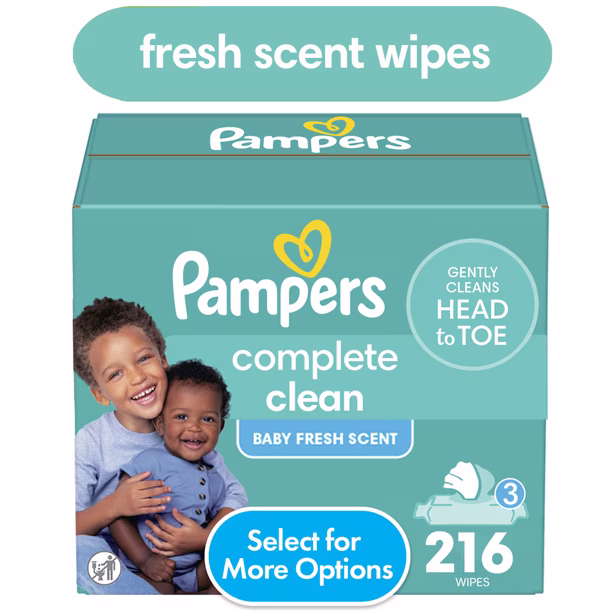 Pampers Complete Clean Baby Fresh Baby Wipes 3-Pack 216 Wipes (Select for More Options)