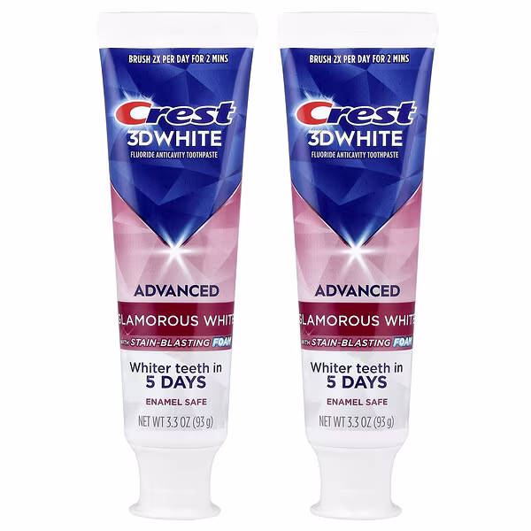 Crest, 3D White, Fluoride Anticavity Toothpaste, Advanced, Glamorous White, 2 Tubes, 3.3 oz (93 g) Each