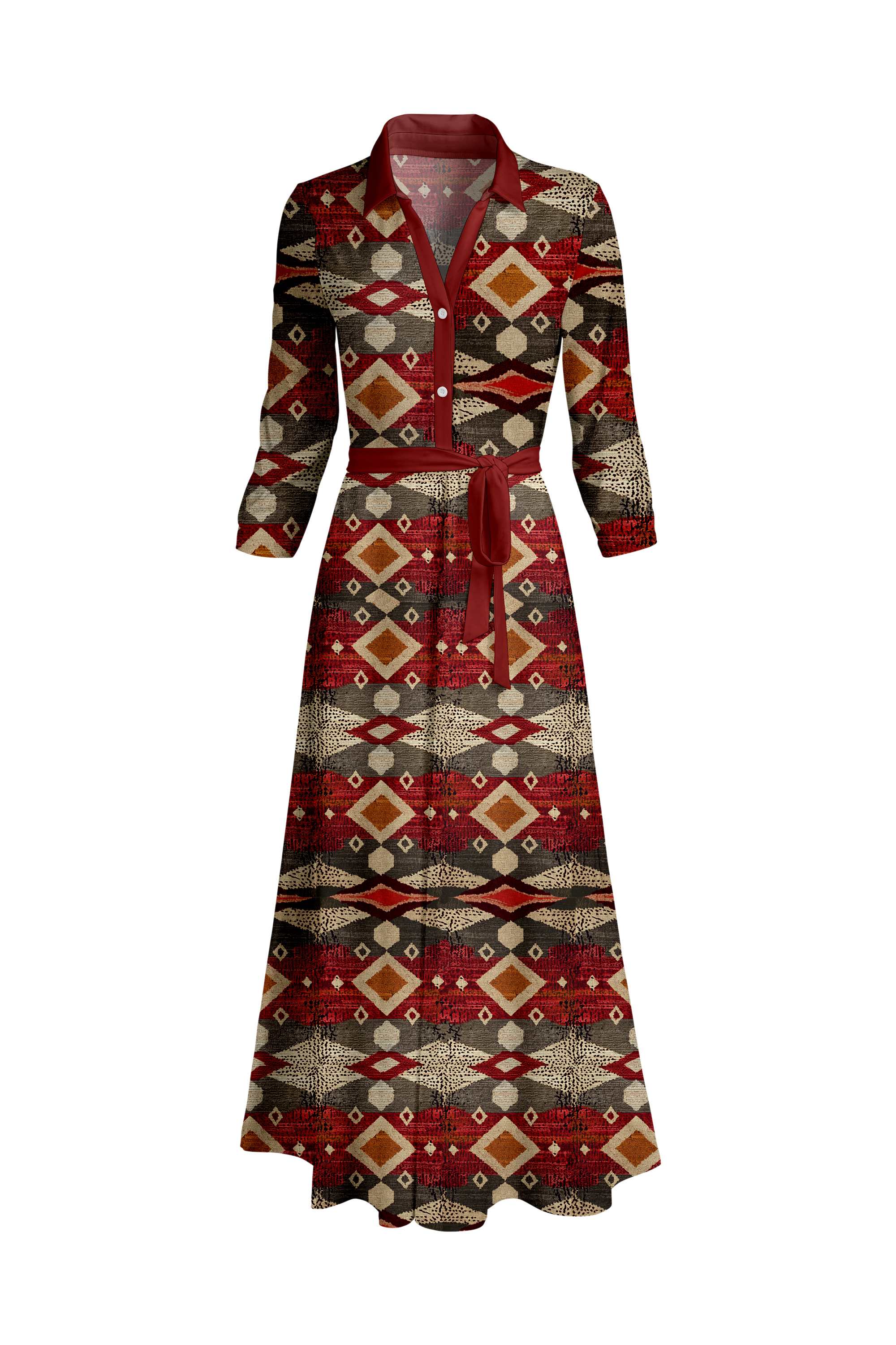 Lily by Firmiana Women's Long Sleeve Collared Maxi Dress with Tie Red & Tan Diamond Geo