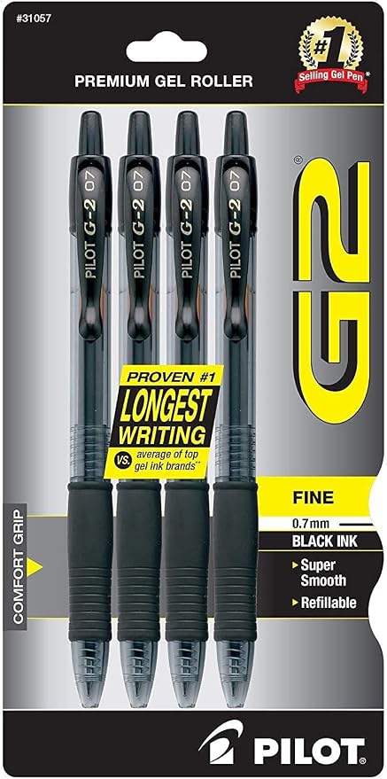 PILOT G2 Premium Gel Pens, Fine Point 0.7mm, Black Ink, 4-Pack | G2 pilot pens, refillable and retractable ball, gel pens for journaling, writing pens, quick-drying ink, contoured grip