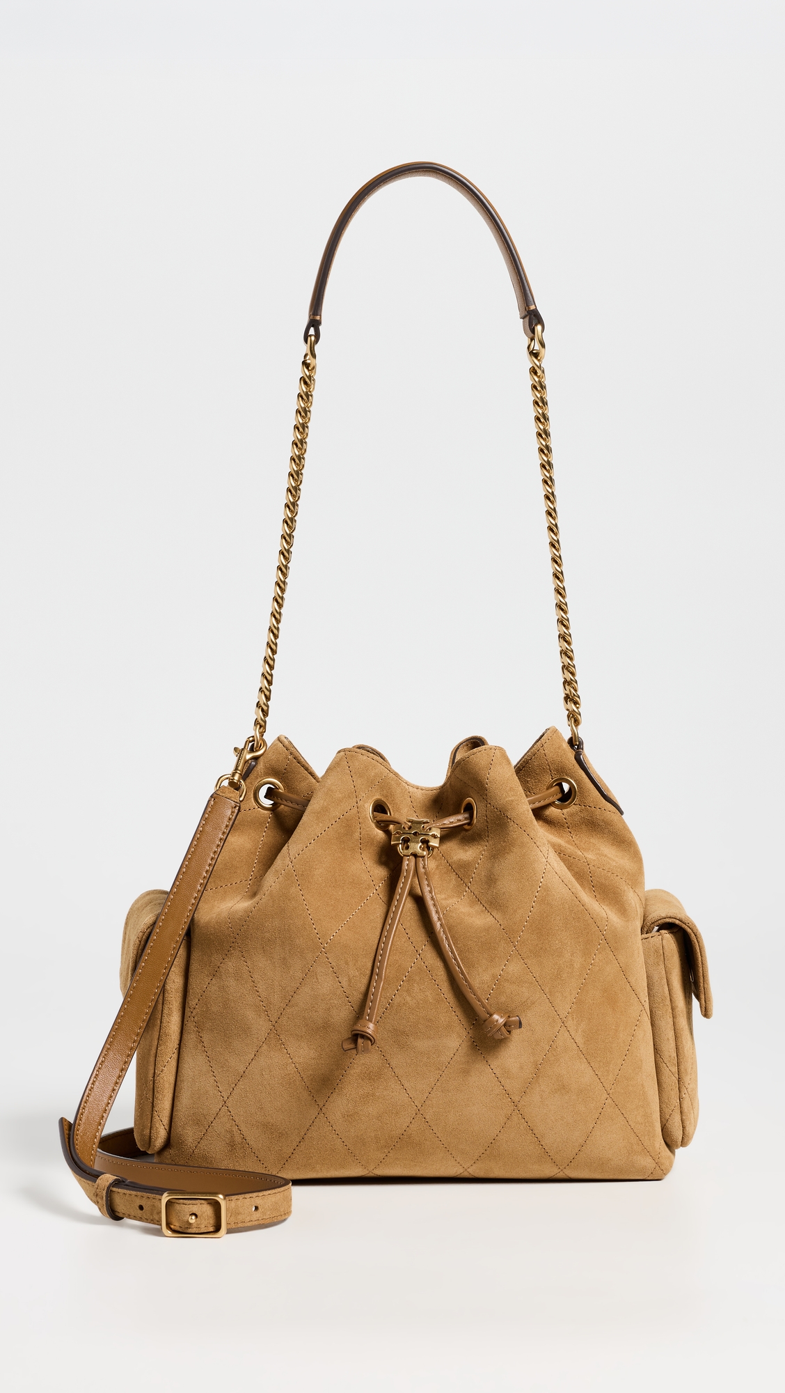 Tory Burch Charlie Quilted Suede Drawstring Shoulder Bag