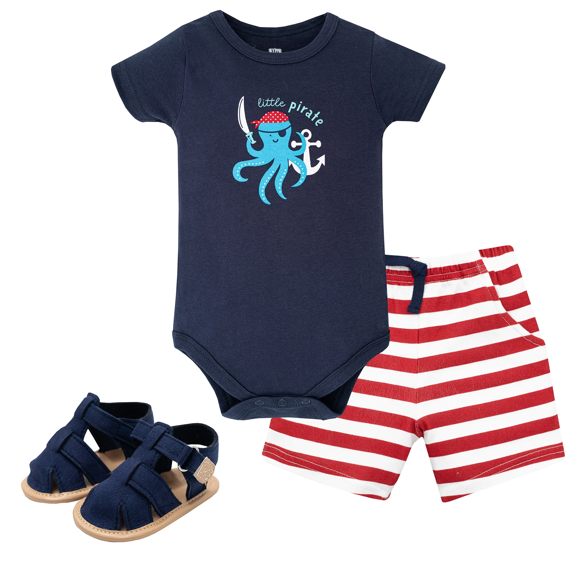 Hudson Baby Cotton Bodysuit, Shorts and Shoe Set, Pirate Octopus