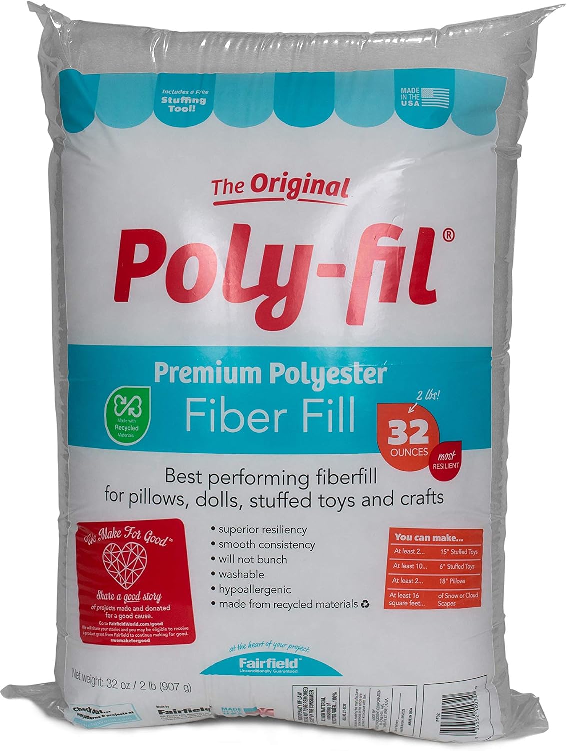 Poly-Fil Fairfield Original Fiber Fill Stuffing, Premium Polyester, 32 oz. | Machine Washable, Smooth Consistency, for Toys, Dolls, Cloud Decor, Craft Projects