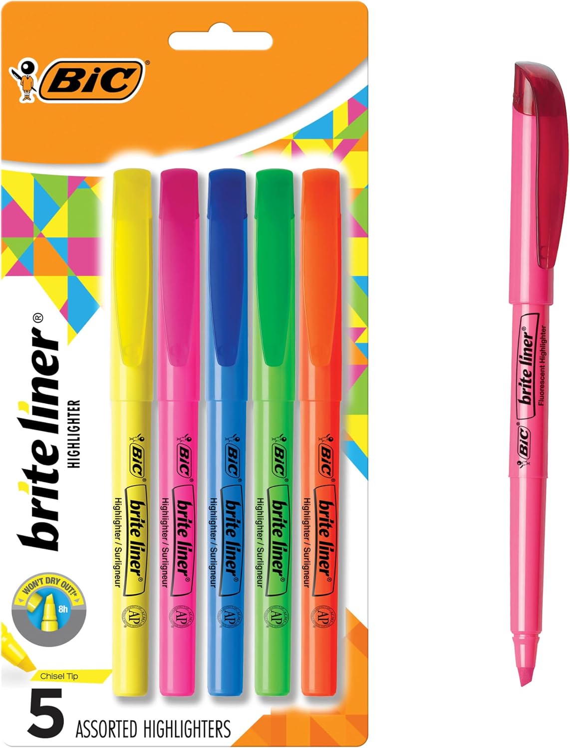 BIC Brite Liner Highlighters, Chisel Tip, 5-Count Pack, Assorted Colors | Ideal for Students and Teachers | Perfect for Notes and Textbooks | Bright Fluorescent Ink, Smudge Resistant, ACMI Approved