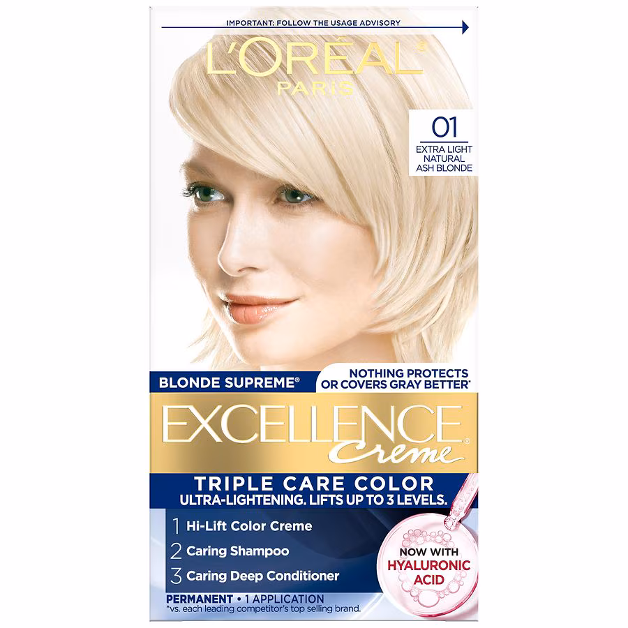 L'Oreal Paris Excellence Creme Permanent Triple Care Hair Color, Extra Light Natural Ash Blonde 01, 1.0 set