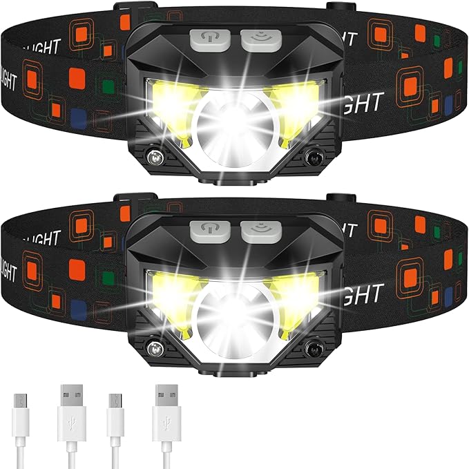 LHKNL Headlamp Flashlight, Lumen Bright Head Lamps LED Rechargeable Camping | Ultra-Light, with White Red Light, 2-Pack Waterproof Motion Sensor Headlight, 8 Modes for Outdoor Running Hiking Fishing