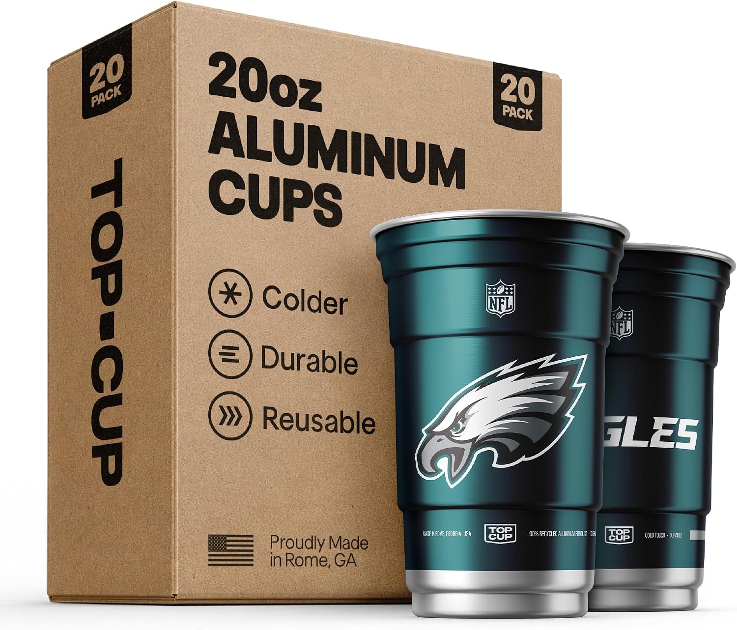 Top Cup NFL Philadelphia Eagles Aluminum Party Cups, 20oz, 20 Count | Made in the USA, Colder, Durable, Reusable, Recycleable, Dishwasher Safe