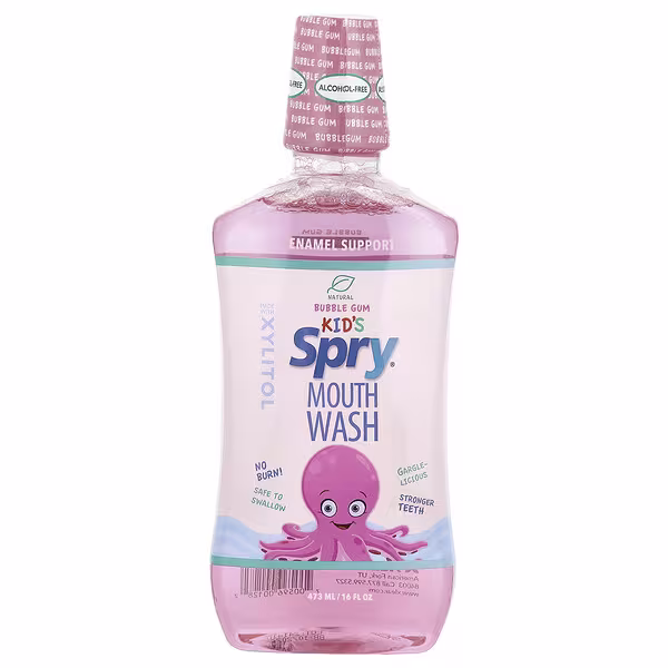 Xlear, Kid's Spry® Mouth Wash, Enamel Support, Alcohol-Free, Bubble Gum, 16 fl oz (473 ml)