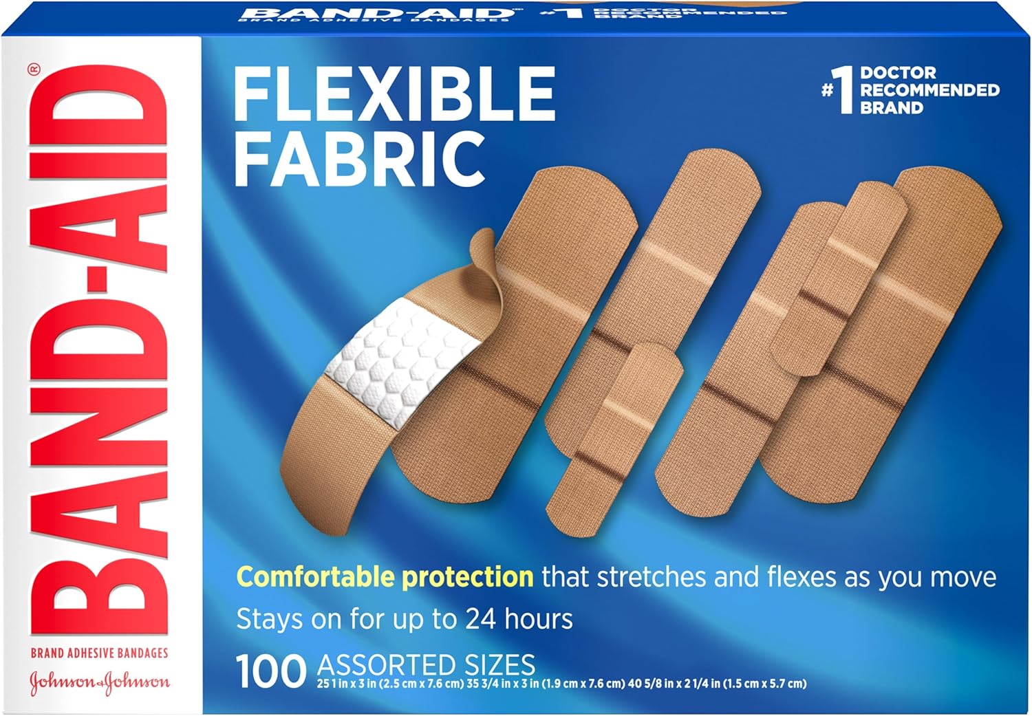 BAND-AID Brand Flexible Fabric Adhesive Bandages, Assorted Sizes, 100 Count | Comfortable Protection, Sterile Wound Care for Minor Cuts, Scrapes & Burns, First Aid Kit Essential, Non-Stick Hurt-Free Pad