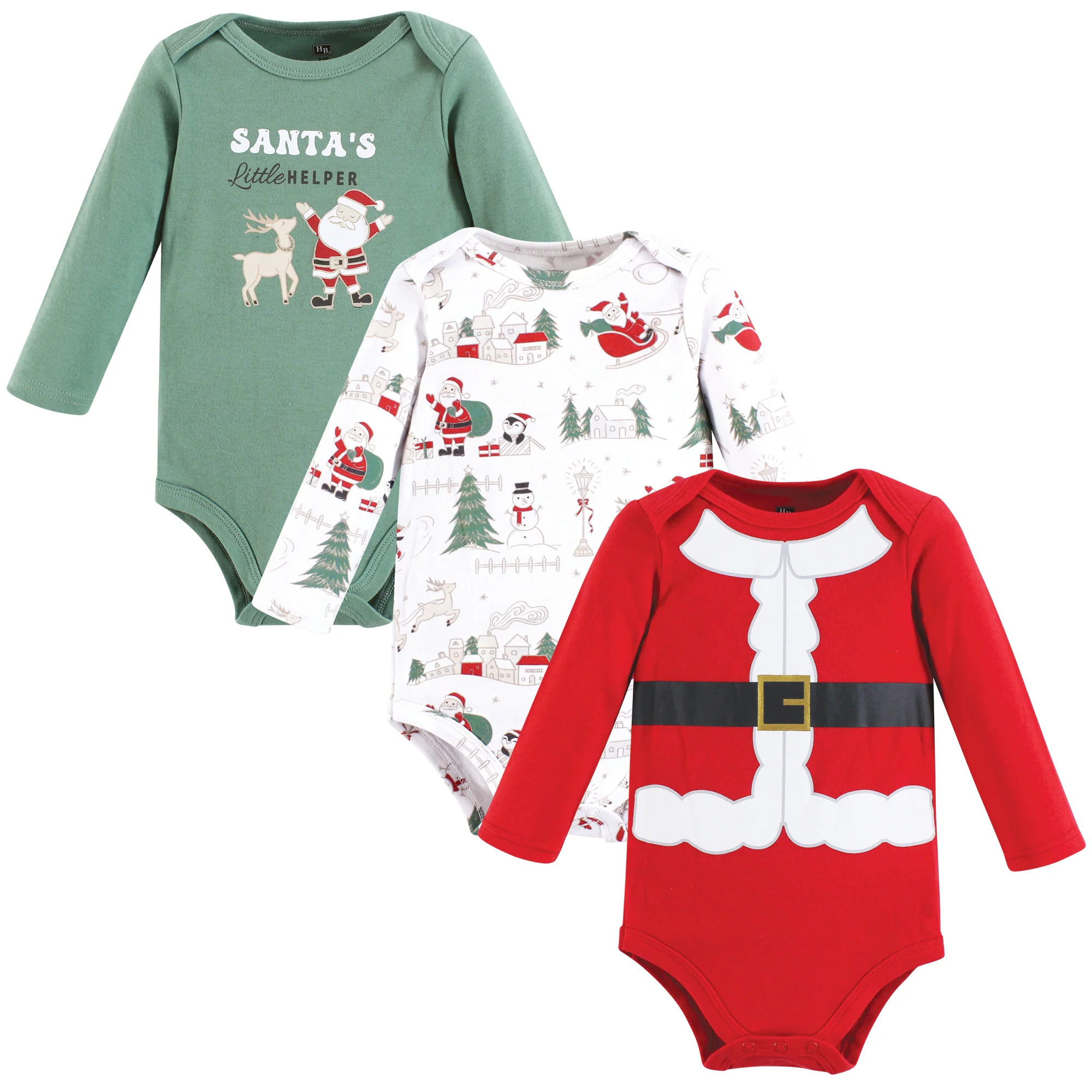 Hudson Baby Cotton Long-Sleeve Bodysuits 3-Pack, Santa And Friends